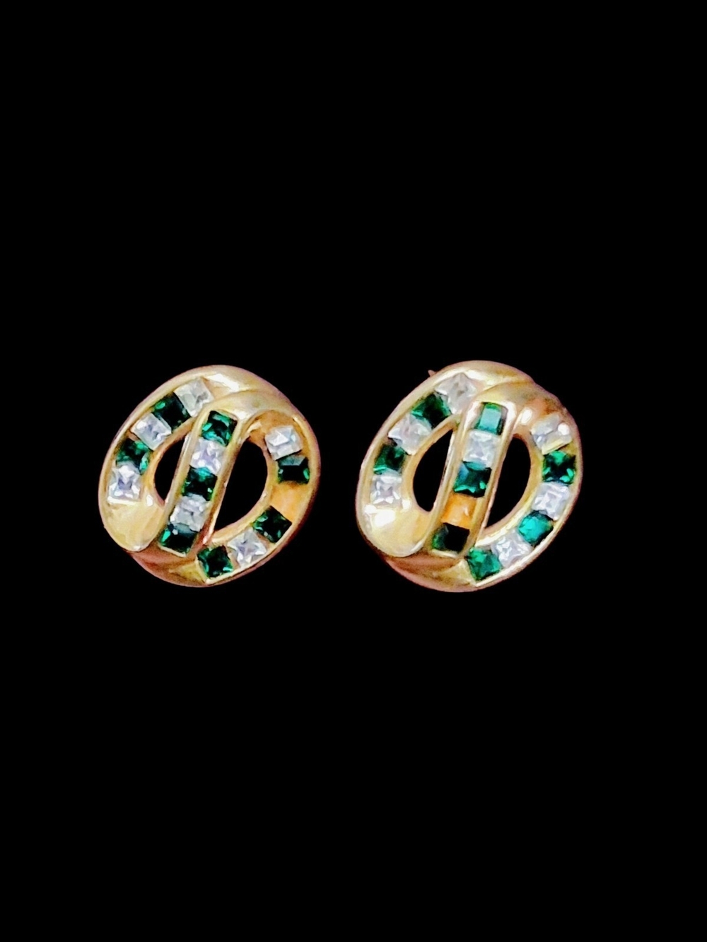 Vintage Gold Filled Green Clear Rhinestone Oval Clip On Earrings